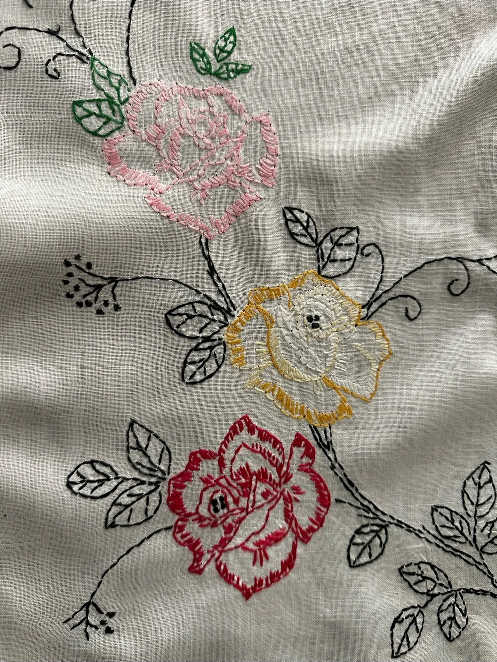 Vintage Hand-Embroidered Floral Runner